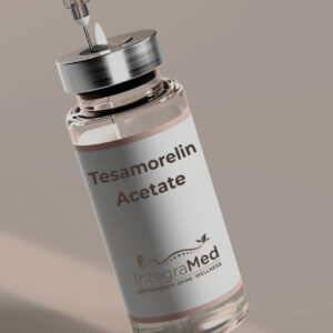Tesamorelin peptide injection vial and syringe on a clean white background for fat loss and hormone support
