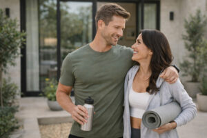 Healthy couple embracing after exercise, representing lifestyle-focused wellness, sustainable weight management, metabolic health, and long-term GLP-1 treatment support.