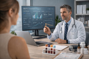Physician consulting with a patient about a GLP-1 treatment program, reviewing clinical outcomes, metabolic markers, and personalized medical weight loss progress.