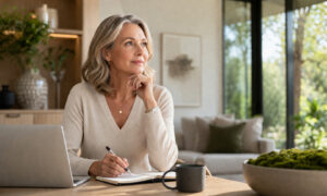 Confident mature woman reflecting in a healthy home environment, representing long-term metabolic wellness, preventive care, and evidence-based support for sustainable GLP-1 treatment outcomes.