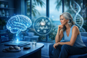 Woman exploring advanced neurohormonal science through digital brain, genetic, and metabolic visualizations, representing expert-guided innovation in personalized wellness, longevity, and precision health optimization.