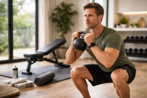 Man performing a kettlebell squat workout, illustrating strength training, metabolic conditioning, and lifestyle factors that support effective long-term weight loss and GLP-1 treatment outcomes.