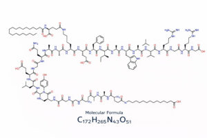 Liraglutide molecular structure diagram showing GLP-1 receptor agonist with molecular formula for weight management