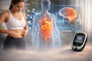 Woman visualizing the metabolic, gastrointestinal, and neurohormonal mechanisms of weight loss peptides, highlighting scientific pathways involved in appetite regulation, glucose balance, and precision-based body composition management.