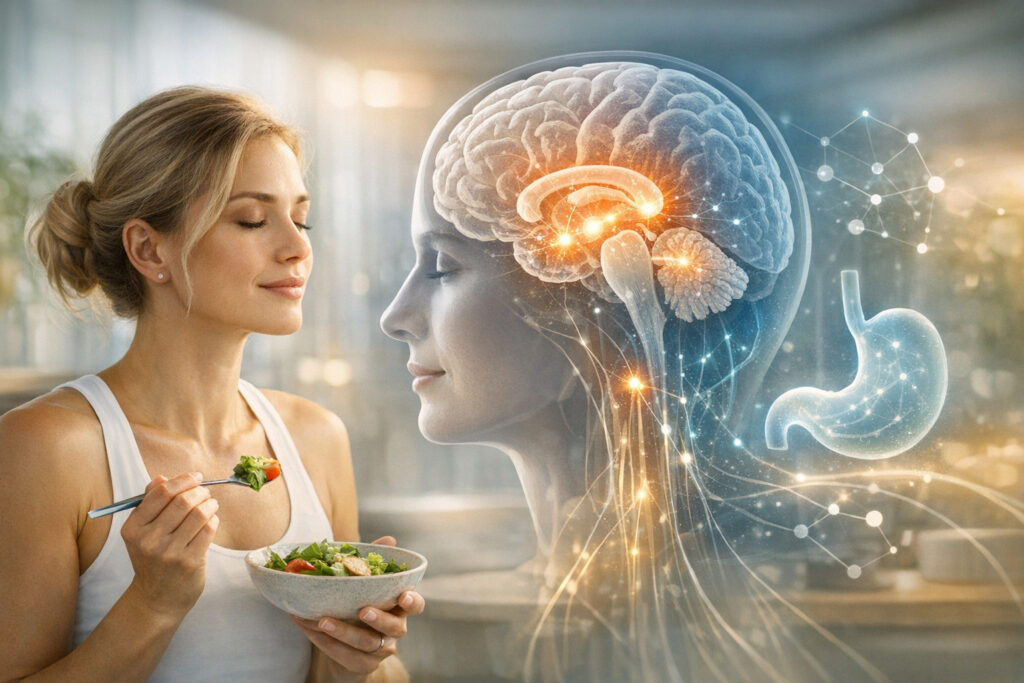 Woman eating a healthy meal beside a medical visualization of the brain-gut connection, illustrating semaglutide’s neurohormonal effects on appetite, metabolism, and digestive regulation.
