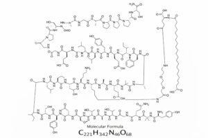 Retatrutide molecular structure diagram showing triple GLP-1, GIP and glucagon receptor agonist with molecular formula