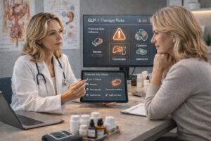Physician counseling a patient on GLP-1 therapy risks and side effects, reviewing safety considerations such as nausea, pancreatitis, gallstones, and personalized treatment monitoring.