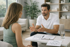 Clinical consultation between a wellness professional and patient discussing peptide therapy, emphasizing individualized safety protocols, long-term monitoring, treatment planning, and evidence-based medical guidance for sustainable health outcomes.