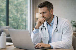 Physician reviewing clinical data on a laptop, representing evidence-based medical oversight, personalized metabolic care, and professional management of semaglutide and GLP-1 treatment protocols.