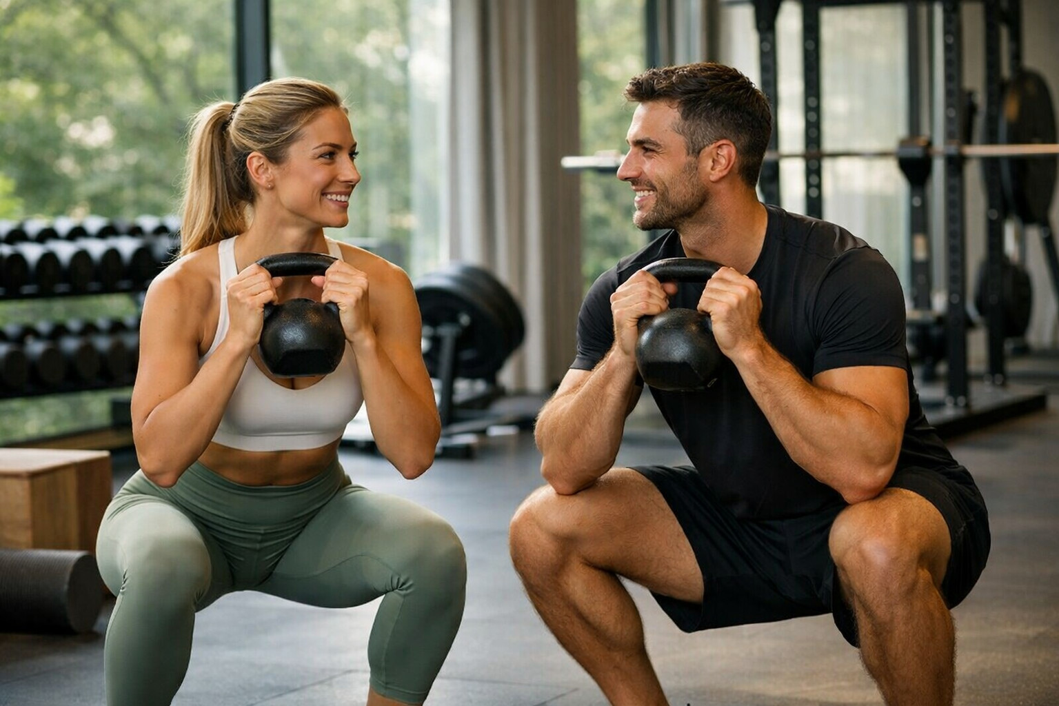 Man and woman performing kettlebell squats together, highlighting strength training, insulin-supportive lifestyle habits, metabolic health, and sustainable weight management.