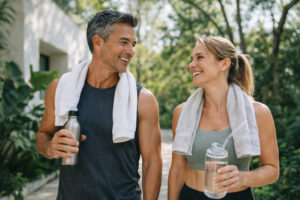 Active man and woman embracing long-term wellness habits together, symbolizing the future of neurohormonal therapies through personalized care, sustainable lifestyle integration, and optimized metabolic health.