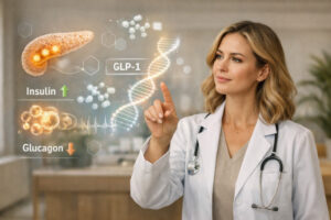 Medical professional explaining the molecular effects of GLP-1 therapy, highlighting how semaglutide supports insulin secretion, glucagon suppression, and metabolic regulation.