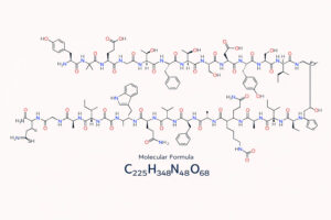 Tirzepatide molecular structure diagram showing dual GIP and GLP-1 receptor agonist with molecular formula for weight loss
