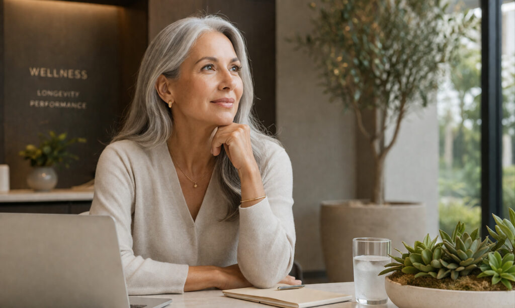 Confident mature woman in a wellness clinic setting, representing healthy aging, longevity, personalized performance care, and modern preventive health.