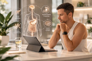 Man researching GLP-1 treatment mechanisms on a tablet, illustrating how these therapies support insulin regulation, appetite control, slowed gastric emptying, and metabolic health.