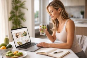 Woman researching weight loss peptides while practicing healthy nutrition and hydration habits, representing informed clinical decision-making, personalized wellness education, and sustainable metabolic health support.