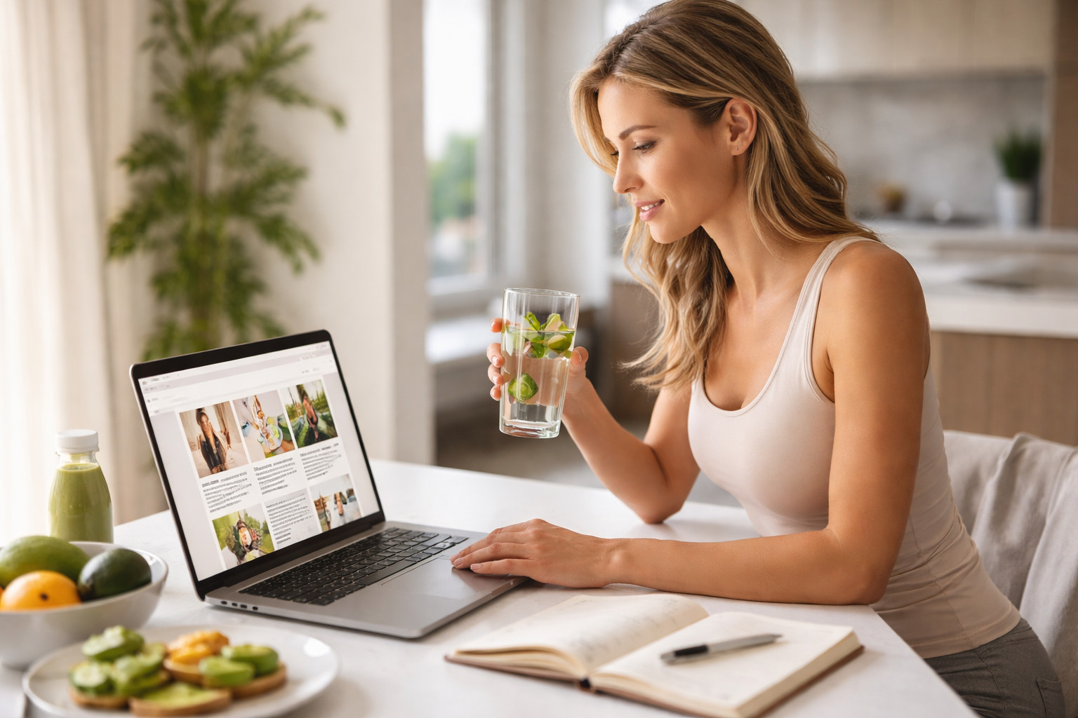 Woman researching weight loss peptides while practicing healthy nutrition and hydration habits, representing informed clinical decision-making, personalized wellness education, and sustainable metabolic health support.
