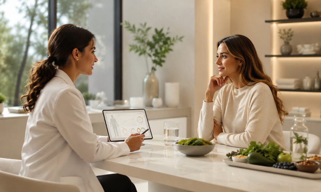 Healthcare professional consulting with a patient about semaglutide weight loss therapy, nutrition planning, and personalized wellness goals in a modern medical office.
