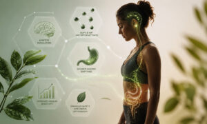 Medical illustration explaining how tirzepatide weight loss therapy works, highlighting appetite regulation, GLP-1 and GIP receptor activity, slower gastric emptying, improved insulin sensitivity, and enhanced metabolic support.