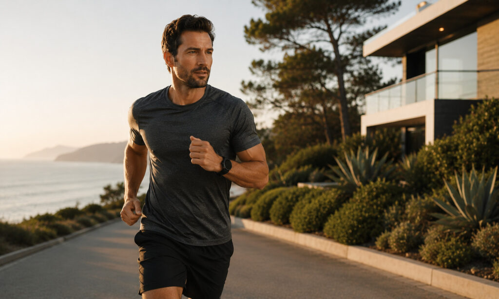 Active man jogging as part of a healthy lifestyle while undergoing testosterone replacement therapy