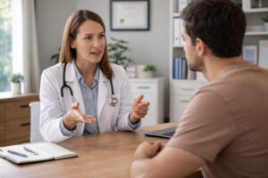 Healthcare provider explaining treatment expectations and progress monitoring during Cagrilintide therapy