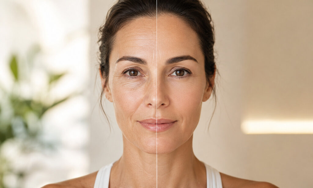 Before-and-after comparison of a woman's facial appearance illustrating smoother skin, reduced fine lines, and a more youthful complexion after aesthetic treatment.