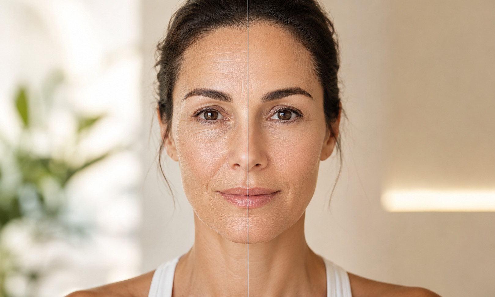 Before-and-after comparison of a woman's facial appearance illustrating smoother skin, reduced fine lines, and a more youthful complexion after aesthetic treatment.
