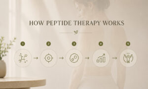 Infographic illustrating how peptide therapy works, from cellular signaling to improved metabolism, body composition, and overall wellness.
