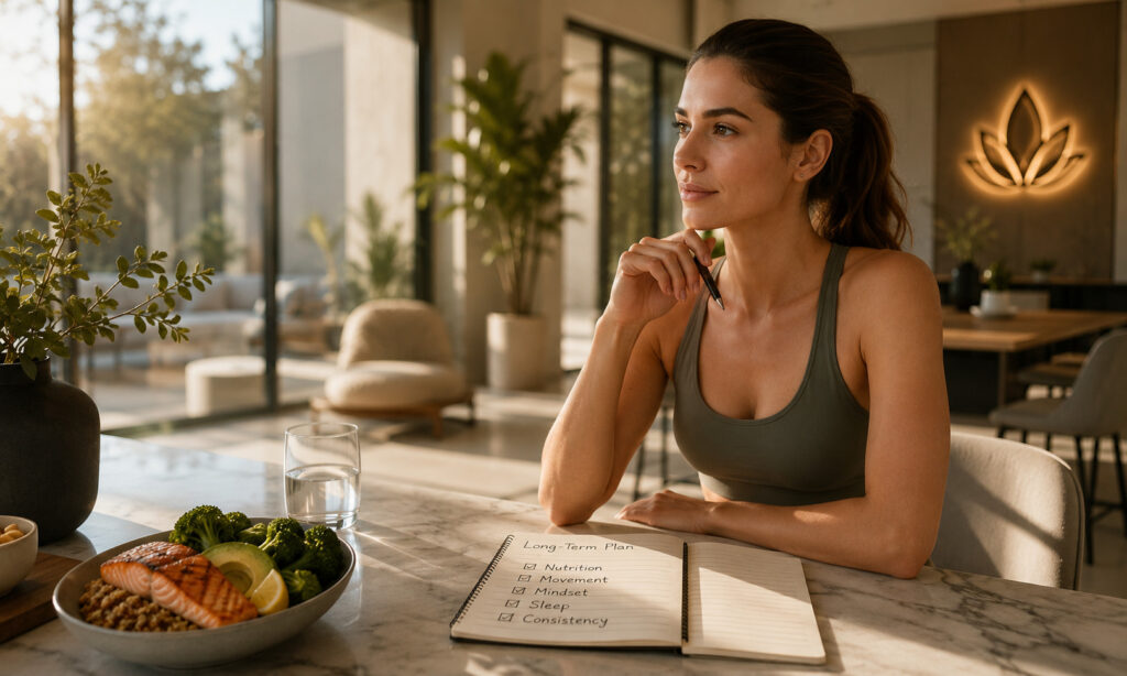 Woman planning healthy lifestyle habits with a balanced meal and wellness journal during a personalized weight management program.