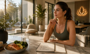 Woman planning healthy lifestyle habits with a balanced meal and wellness journal during a personalized weight management program.