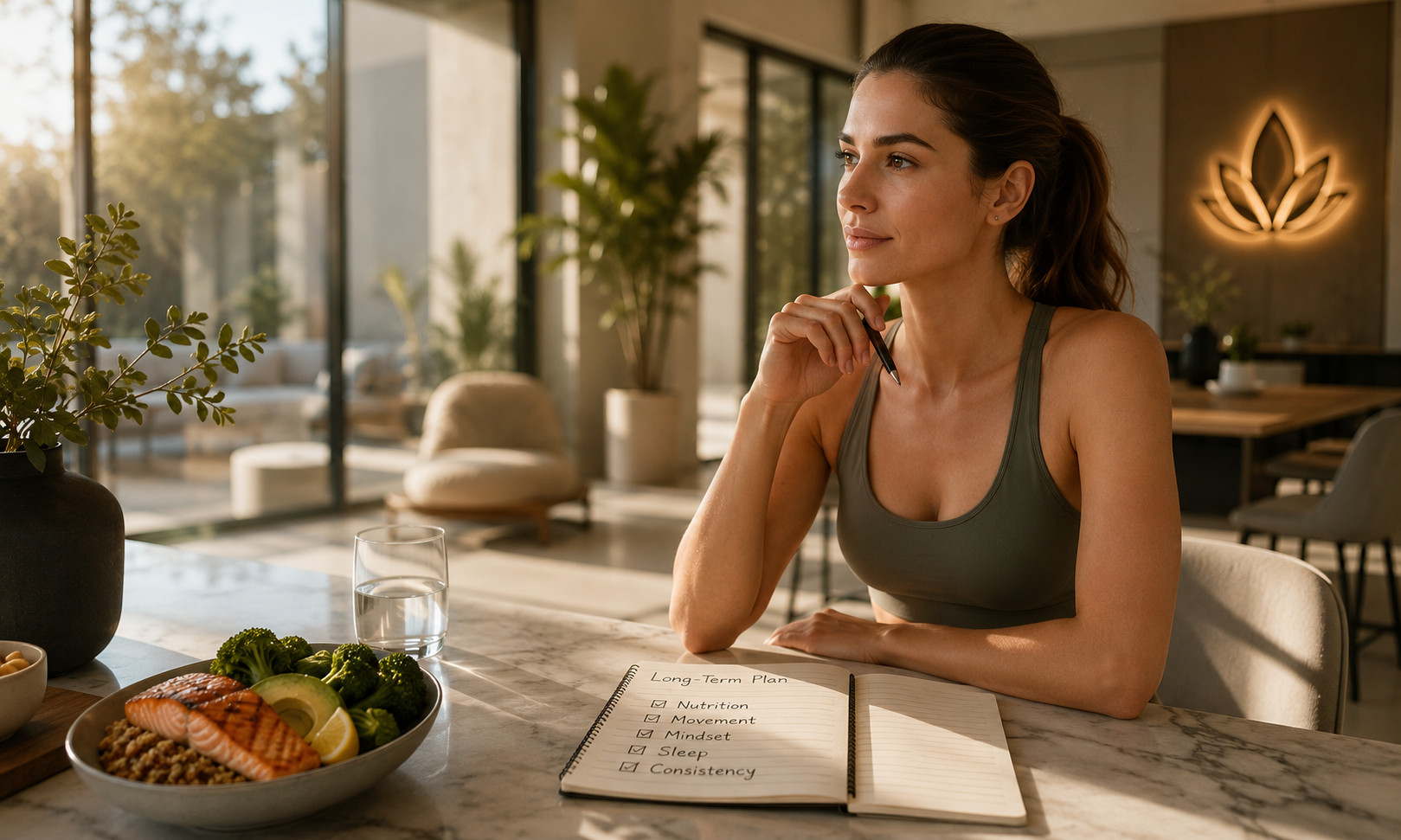 Woman planning healthy lifestyle habits with a balanced meal and wellness journal during a personalized weight management program.