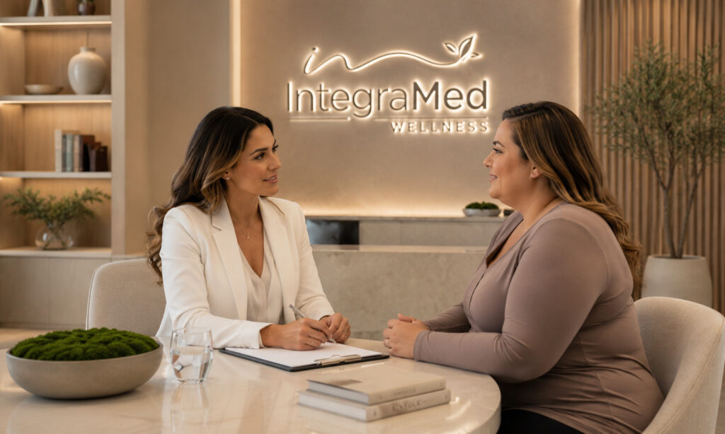 Healthcare provider at IntegraMed Wellness meeting with a patient during a personalized wellness consultation in a modern medical office.