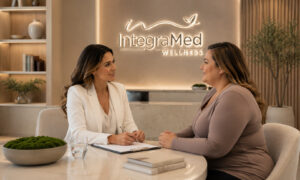 Healthcare provider at IntegraMed Wellness meeting with a patient during a personalized wellness consultation in a modern medical office.