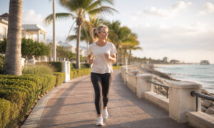 Woman jogging along the Boynton Beach, Florida waterfront, showcasing an active lifestyle that supports long-term health and wellness.