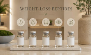 Weight-loss peptide medication vials displayed with icons illustrating appetite control, metabolism, fat reduction, cognitive support, and wellness benefits.
