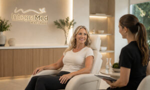 Patient consulting with a wellness specialist at IntegraMed Wellness in a modern clinic focused on personalized health and preventive care.