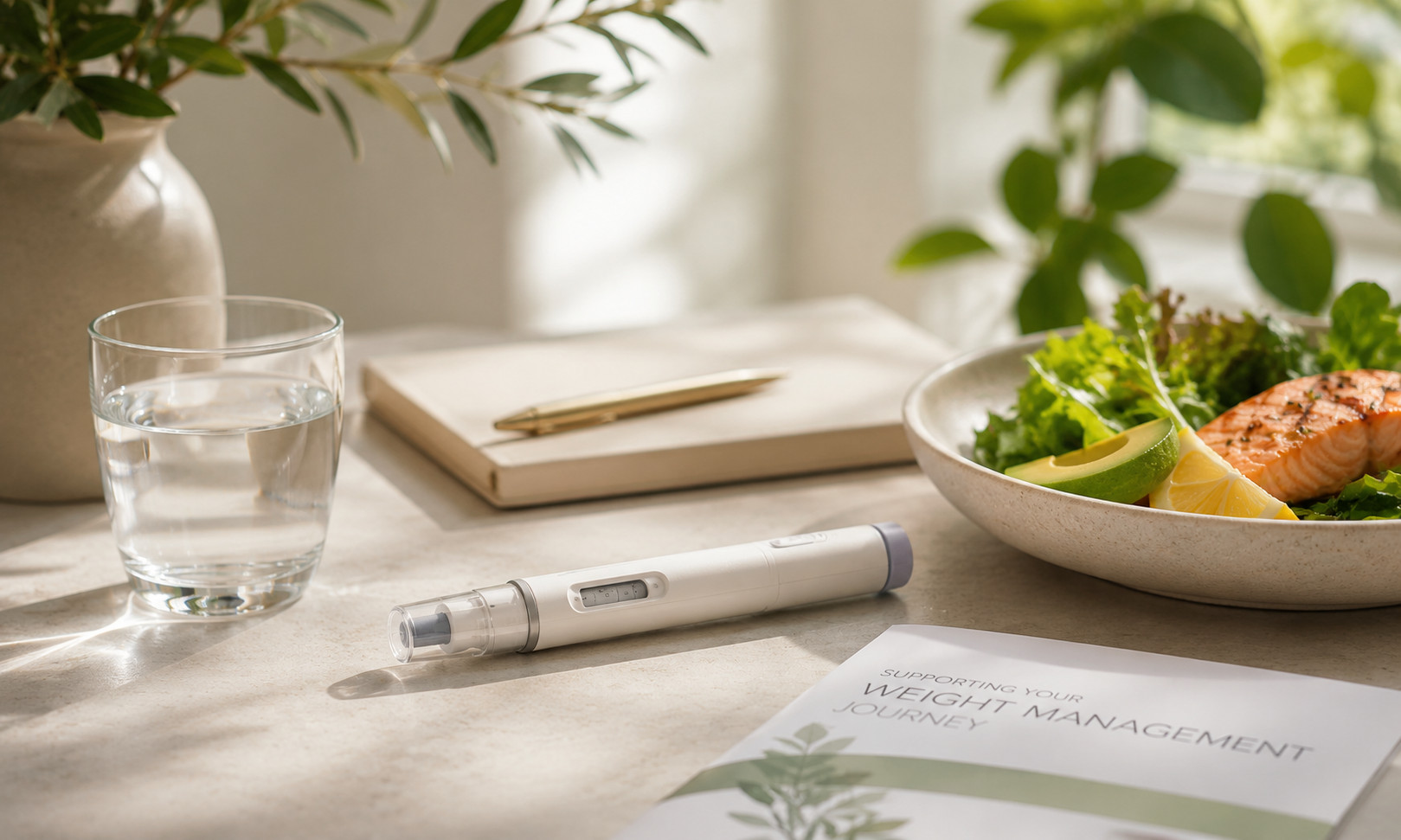 Semaglutide injection pen displayed beside a healthy meal, water, and weight management guide, representing a medically supervised weight loss program.
